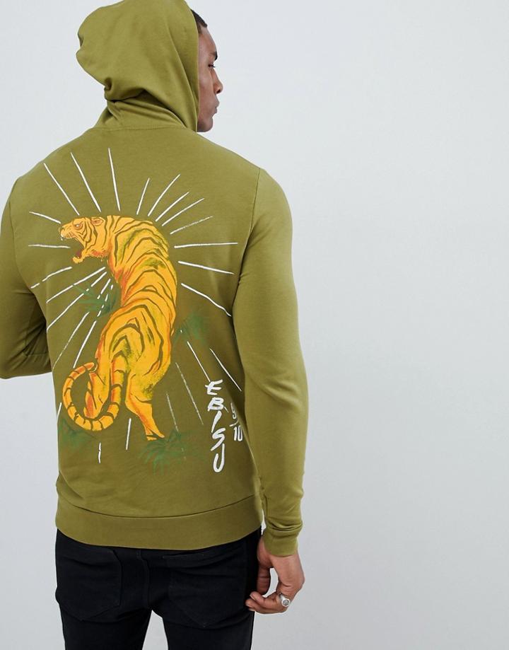 Asos Design Muscle Hoodie With Tiger Back Print In Khaki - Green