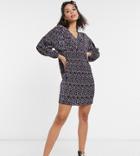Asos Design Tall Mini Plisse Long Sleeve V Neck Dress In Navy Micro Floral