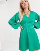 Asos Design Mini Dress With Puff Sleeves In Jacquard-green