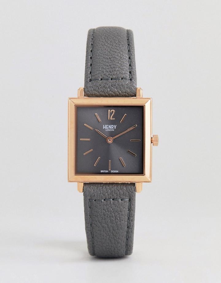 Henry London Square Leather Watch In Gray 26mm - Pink