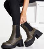 Asos Design Wide Fit Reason Chunky Mid-heel Boots In Khaki-green