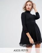 Asos Petite Turtleneck Skater Dress With Lace Hem - Black