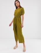 Asos Design Plisse Tie Front Culotte Jumpsuit-yellow