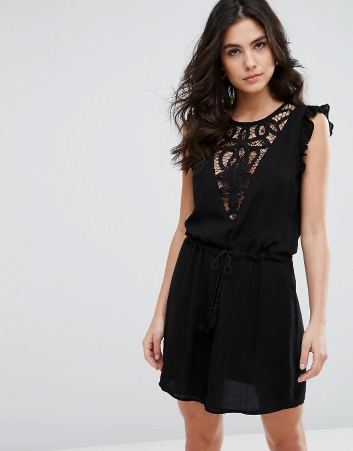 Wyldr Japlin Dress With Lace Placket And Drawstring Waist - Black