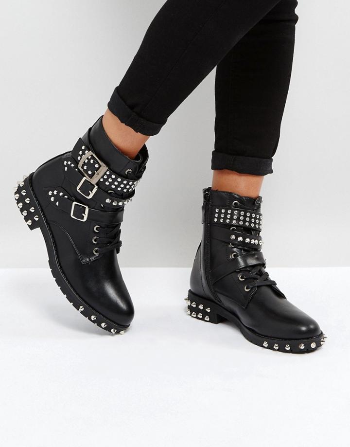 Park Lane Studded Flat Boot - Black