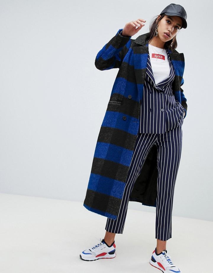 Na-kd Check Lightweight Coat In Black And Blue - Blue