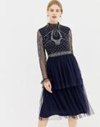 Frock & Frill High Neck Long Sleeve Beaded Dress With Tulle Skirt - Navy