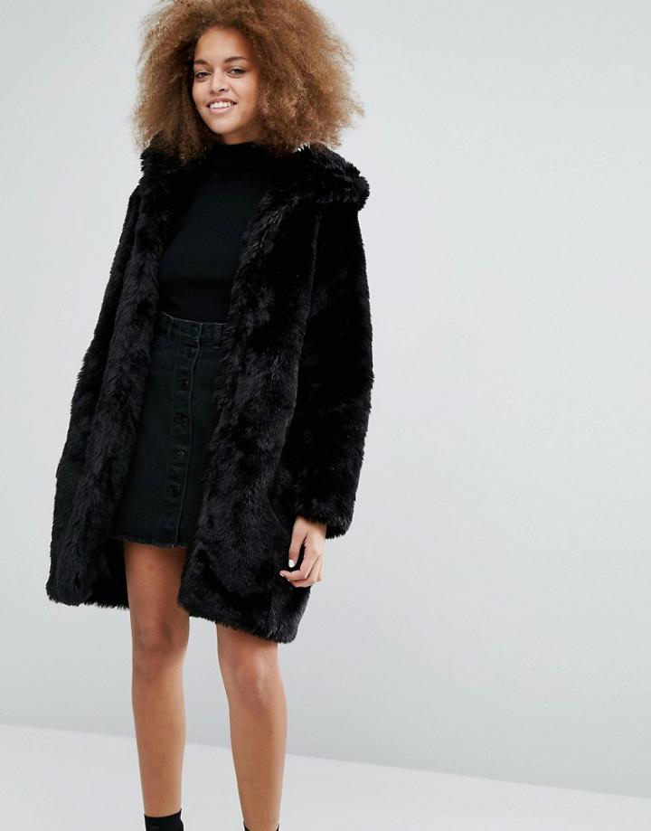 Monki Faux Fur Hooded Coat - Black
