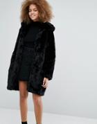 Monki Faux Fur Hooded Coat - Black