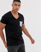 Asos Design T-shirt With Deep V Neck And Contrast Pocket In Black