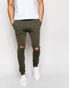 Asos Super Skinny Joggers With Knee Rips In Dark Khaki - Forest Night