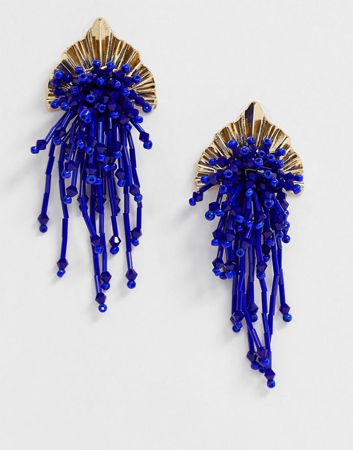 Asos Design Earrings With Textured Metal And Bead Strands In Gold Tone