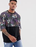 Asos Design Oversized T-shirt With Contrast Floral Color Block Panel-black