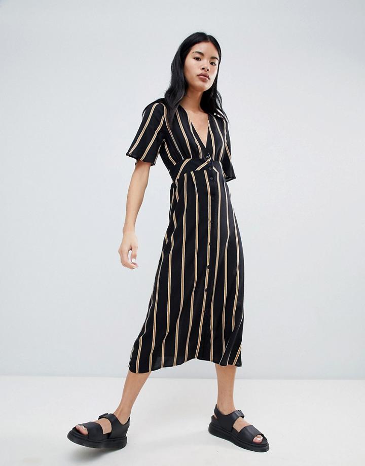Pull & Bear Button Front Dress In Stripe - Black