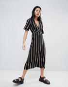 Pull & Bear Button Front Dress In Stripe - Black