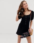 Asos Design Square Neck Romper With Button Front In Rib - Black