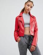 Pull & Bear Leather Look Biker Jacket - Red