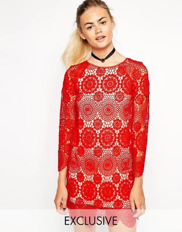 Nishe Allover Lace Shift Dress - Red