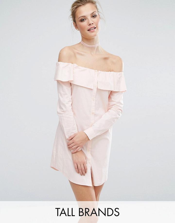 Fashion Union Tall Bardot Button Front Shirt Dress - Pink