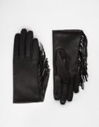 Asos Leather Gloves With Fringe And Touch Screen - Black