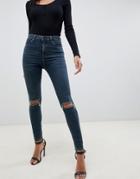 Asos Design Ridley High Waist Skinny Jeans In London Wash Blue With Rips - Blue