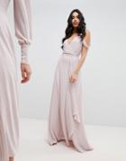 Tfnc Cold Shoulder Wrap Maxi Bridesmaid Dress With Fishtail - Brown