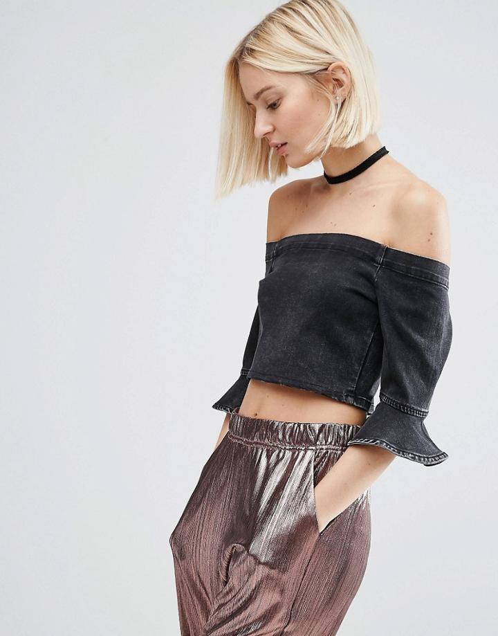 Asos Denim Off Shoulder Crop Top With Fluted Sleeve In Washed Black -