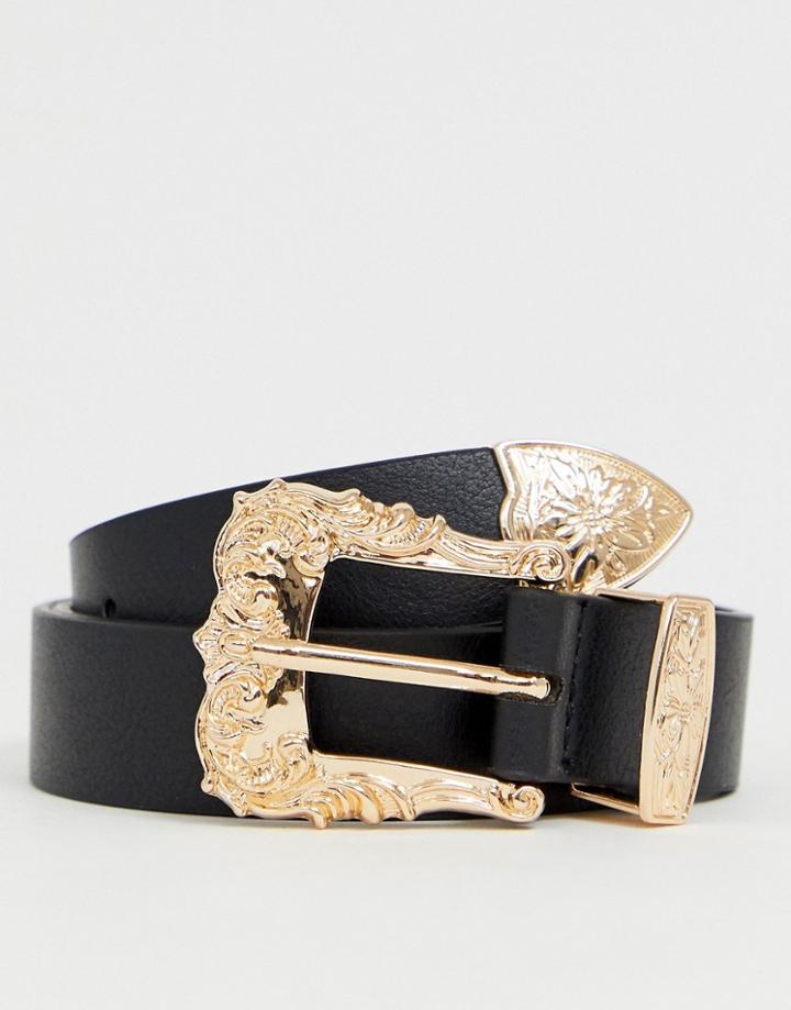 Asos Design Faux Leather Slim Belt In Black With Gold Western Buckle - Black