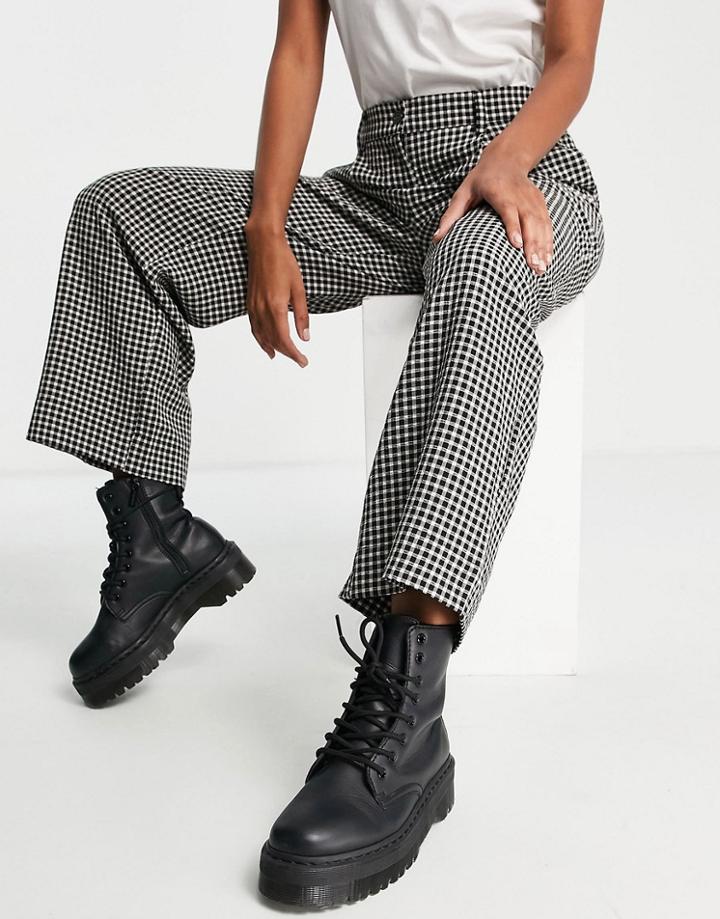 Selected Femme Wide Leg Pants With Front Pleat In Mono Gingham Check-multi