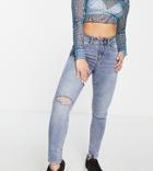 Noisy May Petite Callie High Waisted Ripped Knee Skinny Jeans In Light Blue