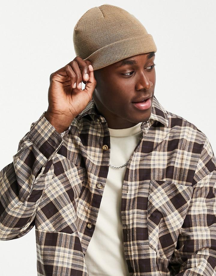 Asos Design Mini Fisherman Beanie In Beige-neutral