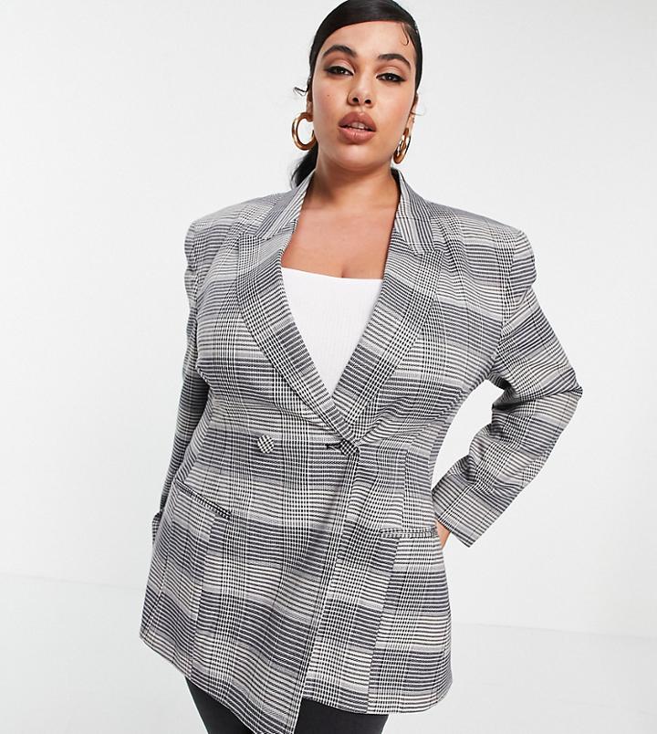 Asos Design Curve Premium Moulded Hip Suit Blazer In Check-multi