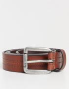Asos Design Leather Slim Belt In Tan With Stitch Detail And Silver Roller Buckle-brown