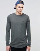 Asos Linen Mix Longline Long Sleeve T-shirt With Pocket And Curve Hem In Khaki - Green