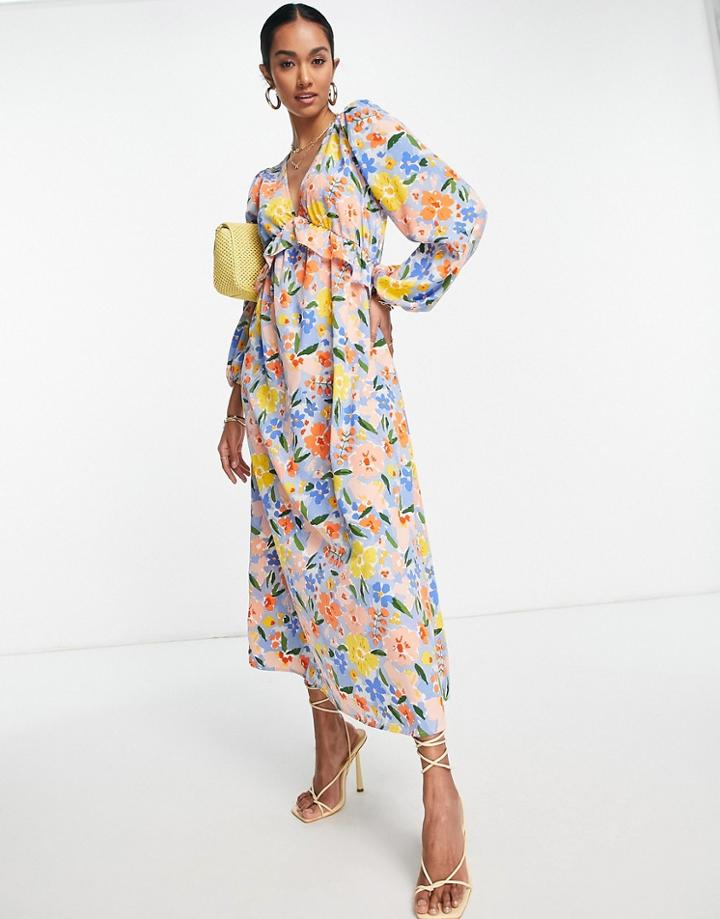Vila Maxi Smock Dress With Volume Sleeved And Frill In Bright Blue Floral