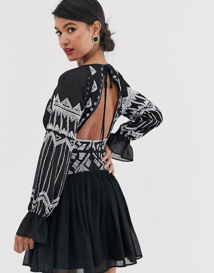 Asos Design Embellished Soft Mini Dress In Washed Chiffon - Black