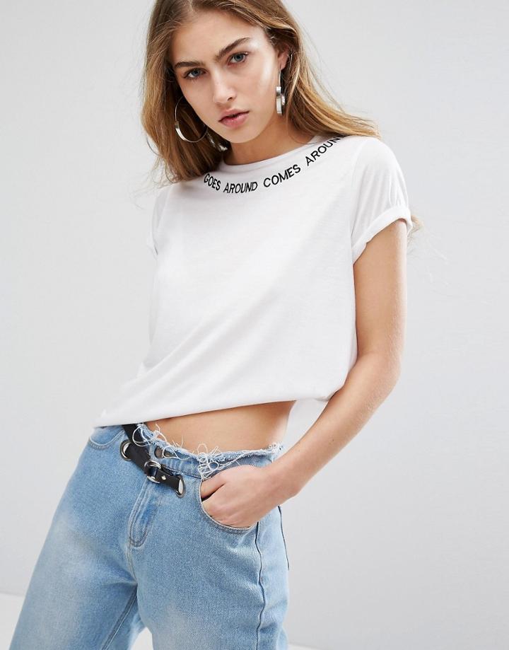 Daisy Street T-shirt With What Goes Around Collar Print - White