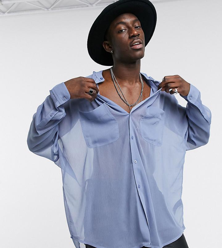 Asos Design Drop Shoulder Oversized Shirt In Sheer Crinkle With Grandad Collar In Blue-blues