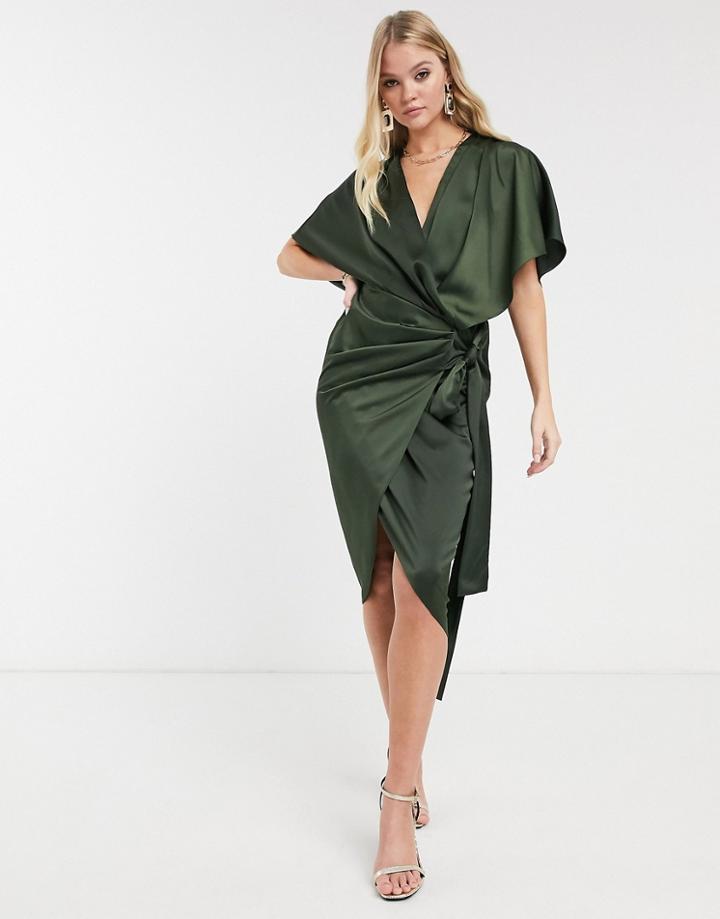 Asos Design Wrap Kimono Midi Dress With Tie Waist-green