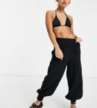 Asos Design Petite Shirred Harem Beach Pants In Black