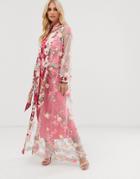 Aratta Maxi Kimono In Sheer 3d Embroidered Mesh With Ribbon Tie - Pink
