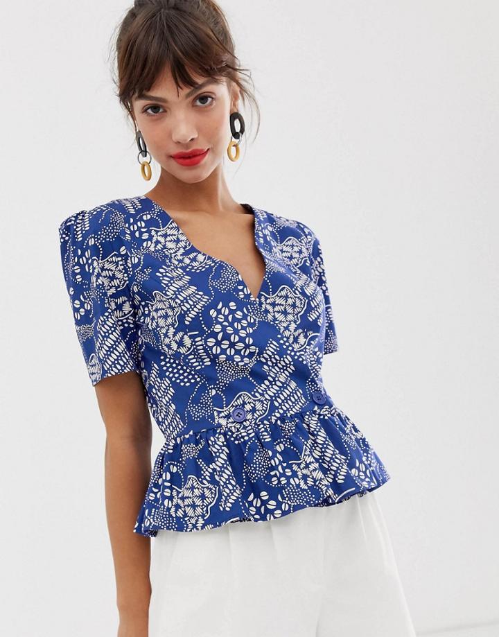& Other Stories Cotton Blend Wrap Blouse In Blue Coffee Bean Print