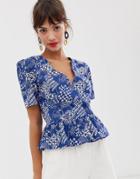 & Other Stories Cotton Blend Wrap Blouse In Blue Coffee Bean Print