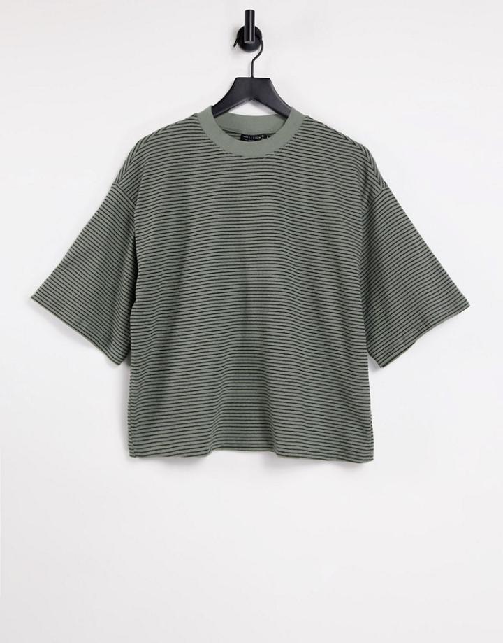 Asos Design Oversized Boxy T-shirt In Textured Stripe In Khaki-green
