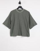 Asos Design Oversized Boxy T-shirt In Textured Stripe In Khaki-green