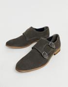 Asos Design Double Strap Monk Shoes In Gray Suede With Natural Sole - Gray