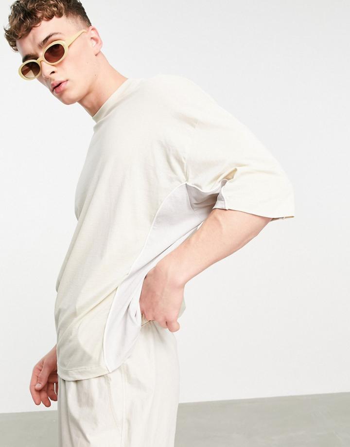 Asos Design Oversized T-shirt In Beige With Gray Heather Contrast Panel-brown