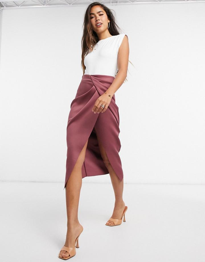 Asos Design Wrapped Scuba Midi Pencil Skirt In Dark Rust-brown
