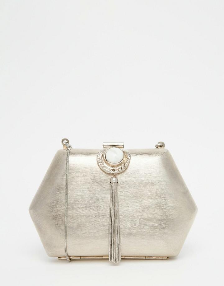 From St Xavier Hexagonal Clutch Bag Wuth Stone Tassel Detail - Silver