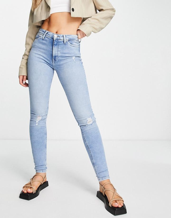 Only High Rise Skinny Jeans With Distressed Knees In Light Wash-blue